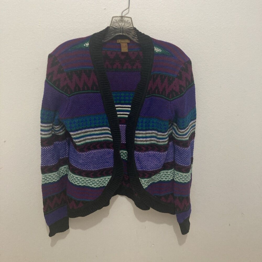 COPPER KEY black purple multicolor geometric open front cardigan sweater L